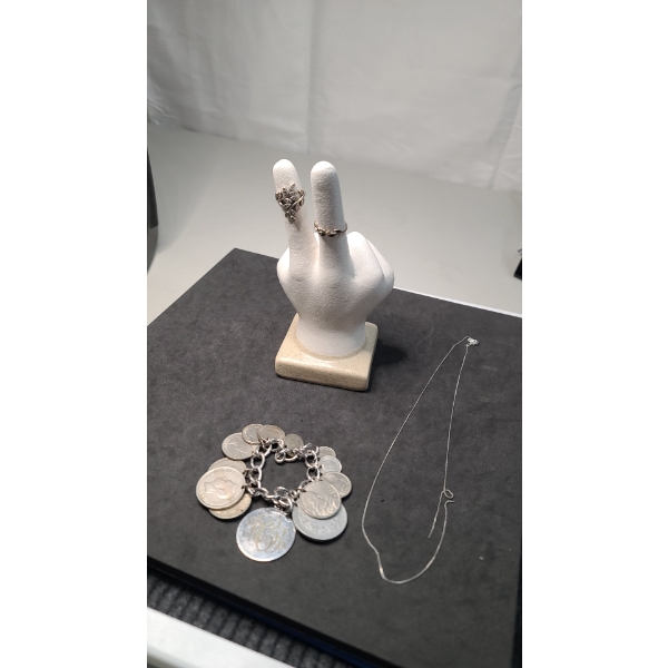 Sterling Silver Rings, Necklace Chain & Unique Foreign Coin Bracelet