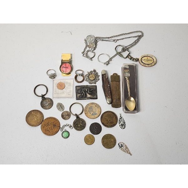 Assorted Collectibles: Keychains, Spoon, Tokens, Money Clip, & More! See Photos!