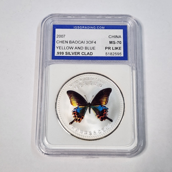 2007 China Chen Baocai World Wildlife Yellow & Blue Butterfly Silver Clad IGS MS70 PR-Like
