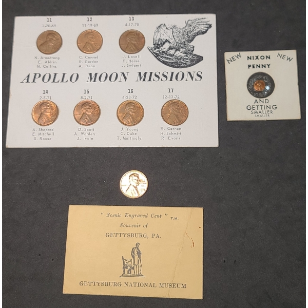 Small 1964 Nixon Cent, Gettysburg & Apollo Moon Missions Stamped Commemorative Lincoln Cents 
