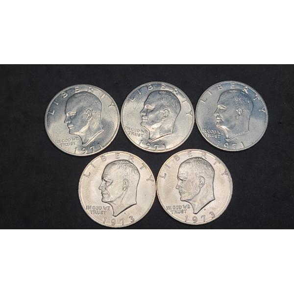 (3) 1971-S Eisenhower 40% Silver Dollars & (2) 1973-S 40% Silver Dollars - Face Value: $5.00
