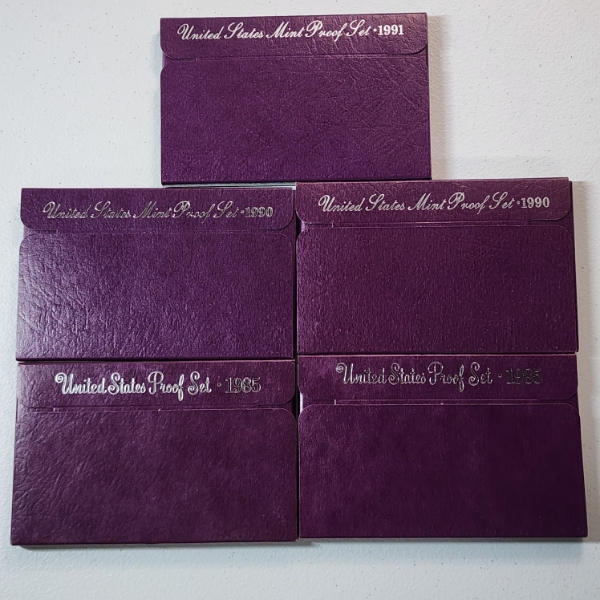 Five Assorted United States Mint Proof Sets: 1991, 1990, 1990, 1985, 1985