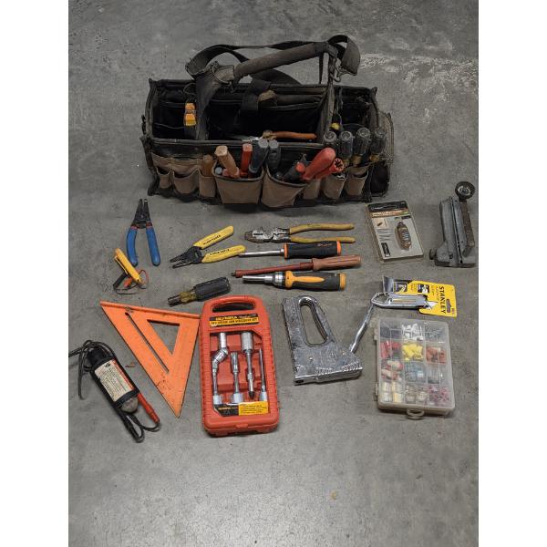 Tool Tote With Stapler, Grease Gun Accessory Kit, Screw Drivers, Electrical Tester And More!