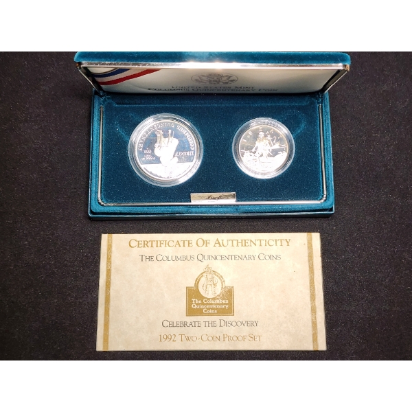 U.S. Mint 1992 Columbus Quincentenary Two Coin Proof Set Ft. Silver Dollar & Commemorative Half