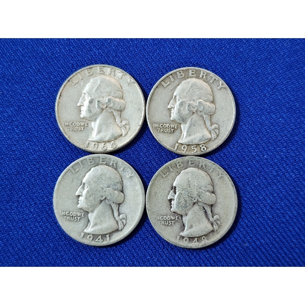 x4 Assorted Years U.S. 90% Silver Washington Quarters FV: $1.00