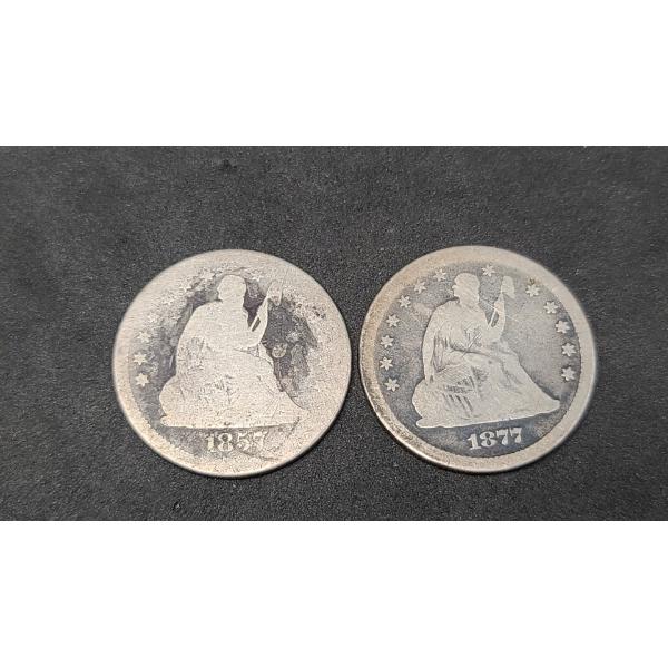 1857-O & 1877-S 90% Silver Liberty Seated Quarter With Arrows - Face Value: $0.50