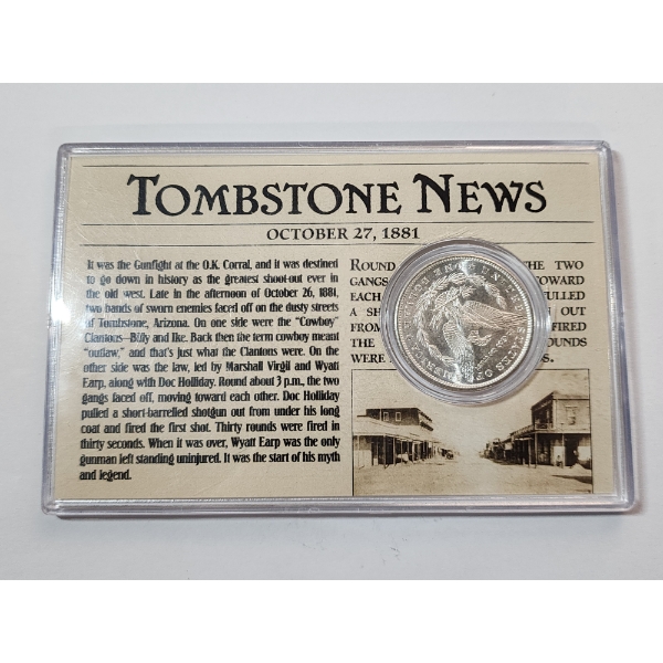 "Tombstone News" Commemorative Display 1881-S 90% Silver Morgan Dollar 