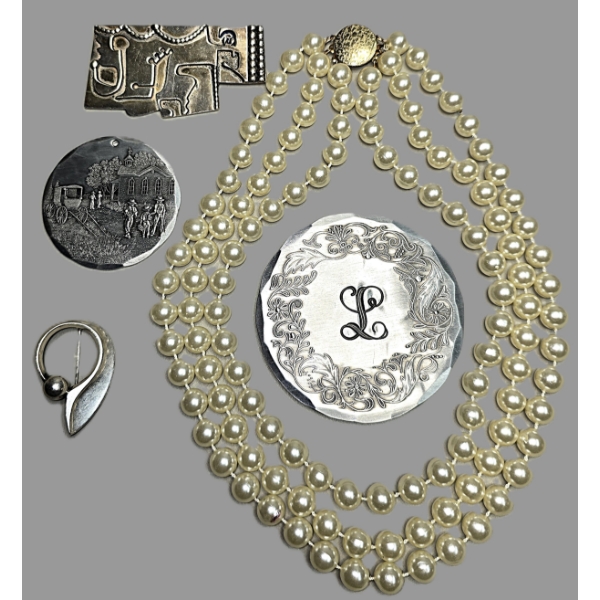 Lot of Jewelry incl 2 Sterling Silver Pins and a Mirror with "L" Engraved
