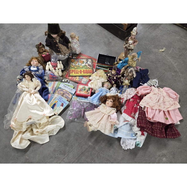 Large Great Condition Doll Collection, New Doll Clothes, Colored Pencils, Box With Keys, Books & Mor