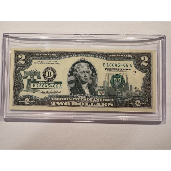 2003 United States Jefferson PENNSYLVANIA $2.00 Bill In Hard Case Holder - Mint Condition - RARE