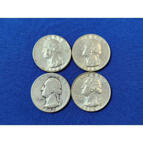 Four Assorted Years Silver Washington Quarters - 90% U.S. Silver - FV: $1.00