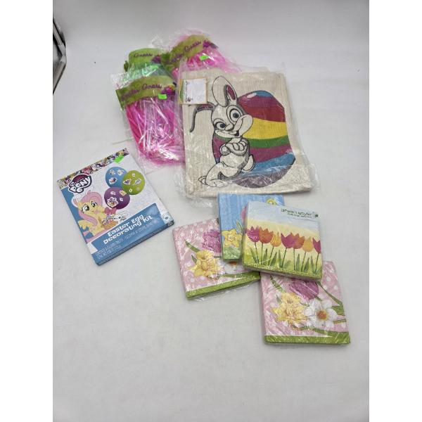 All New Easter Group Including- Four Packs Of Napkins, Three 1.75 oz Packs Of Easter Grass, Egg Deco