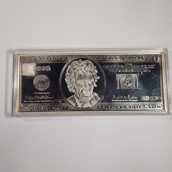 INCREDIBLE 4.1 Troy Ounce 1999 United States $20 Federal Reserve Note Silver Art Bar 