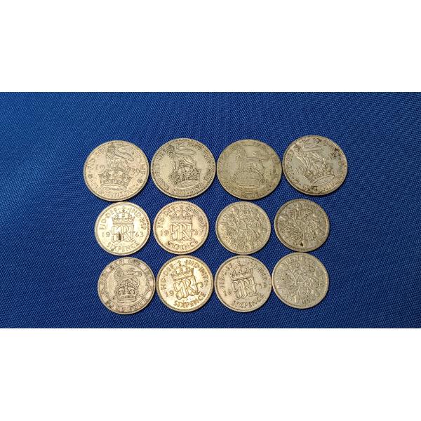 (4) British One Shilling 50% Silver Coins & (8) British Sixpence 50% Silver Coins With Asst Years