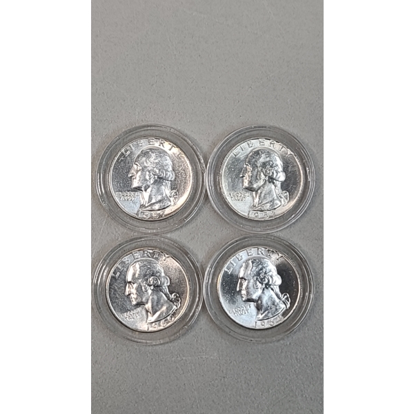 United States 1957, 1957-D 1960, 1964 90% Silver Quarters In Coin Capsules - In BU Condition -FV $1