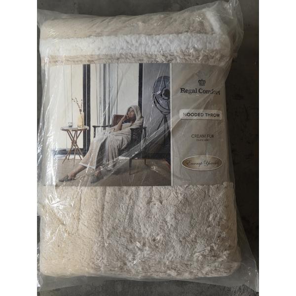 Brand New Luxurious Regal Comfort Cream Colored Faux Fur 50''x70'' Hooded Throw Blanket 