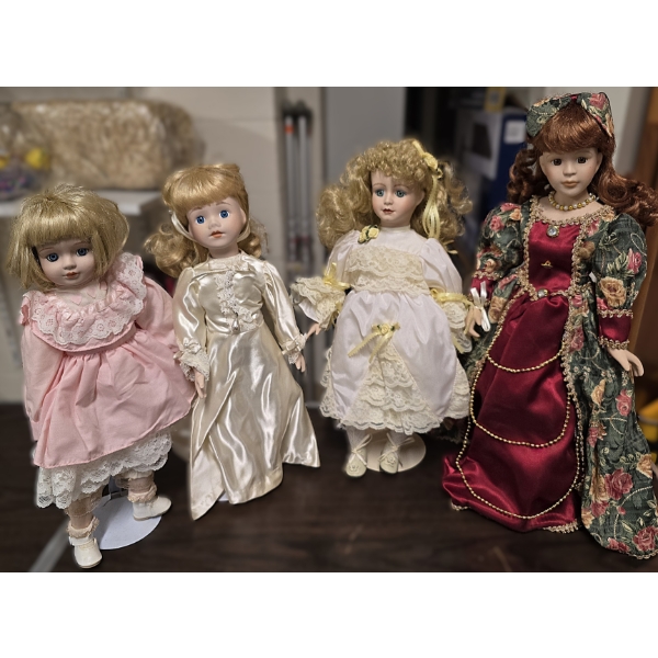 4 Porcelain Face Dolls with Stands and 1 Extra Stand - Tallest 20"