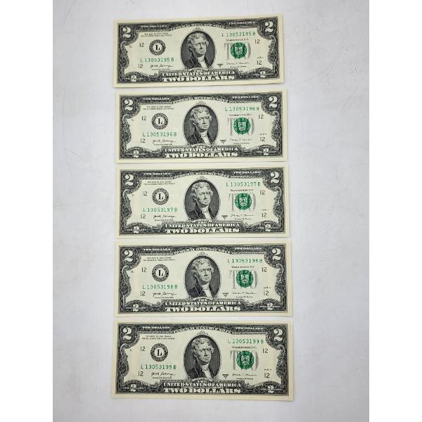 Lot of 5 Consecutive United States Series 2017 A $2 Bills SN: L13053195-L1305199