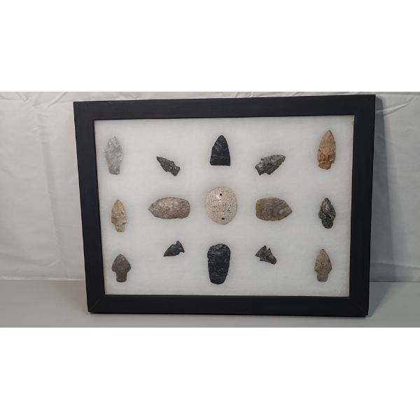 Framed Collection Of (14) Arrowheads & (1) Shell 