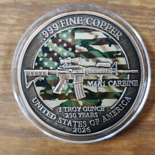 2026 M4A1 Carbine W/ Camo Flag .999 FINE Copper 1 TROY OUNCE 250 Year Anniversary 