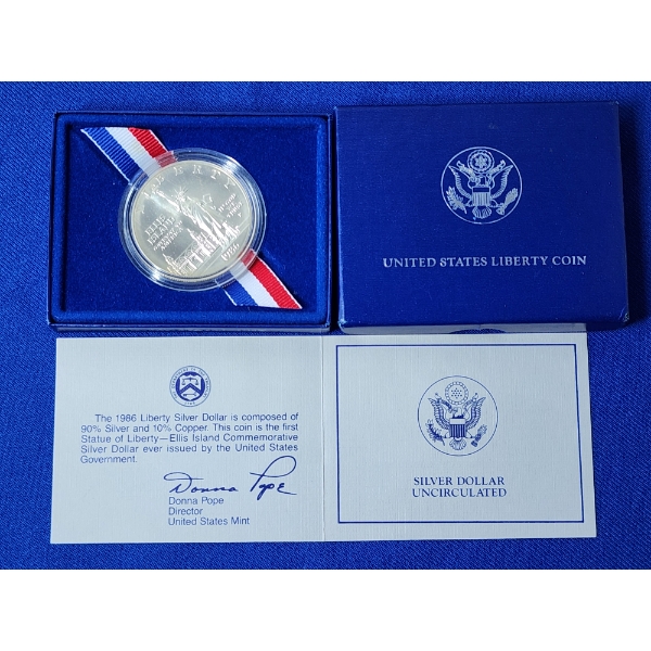 1986 U.S. Statue of Liberty 90% Silver Dollar Uncirculated w/ Box & COA