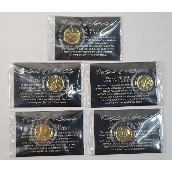 (5) Tribute 24KT Gold Plated 1943 Genuine Steel Wartime Wheat Cents With COA - Face Value: $0.05
