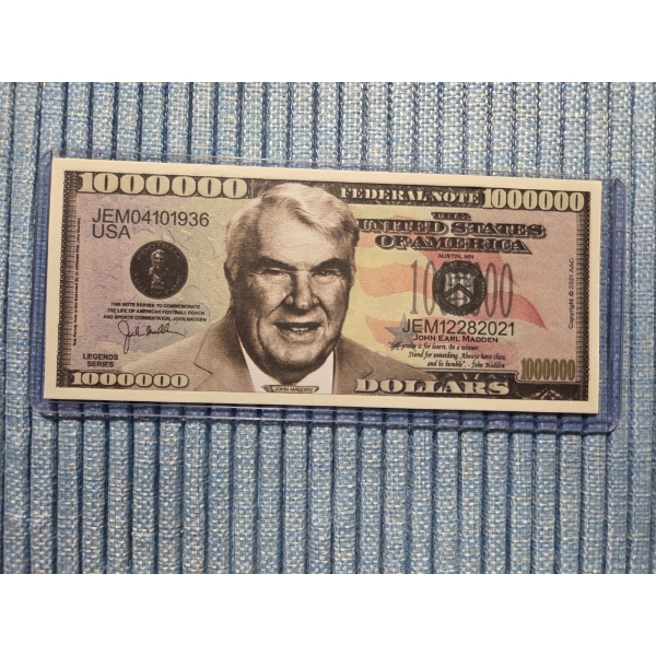 Coach John Madden NFL Football Million Dollar Bill In Protective Holder - Mint Condition