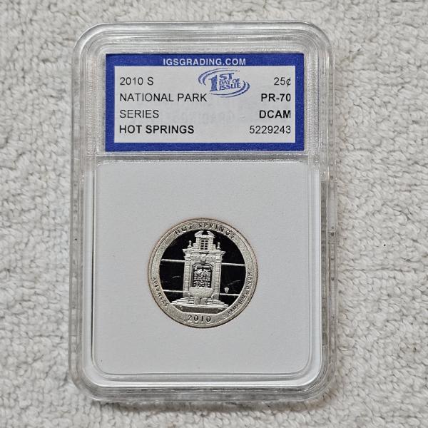 2010-S 90% Silver Hot Springs Quarter certified as PR-70 Deep Cameo (DCAM) by IGS Grading
