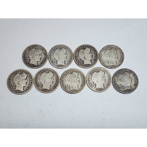 (9) Assorted Years 90% Silver Barber Dimes - FV: $0.90