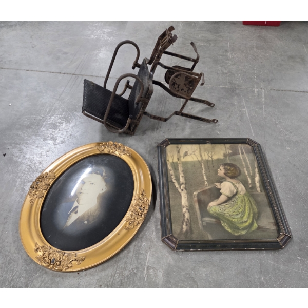 Vintage Collectables Including Baby Bike Seat, And 2 Framed Pictures