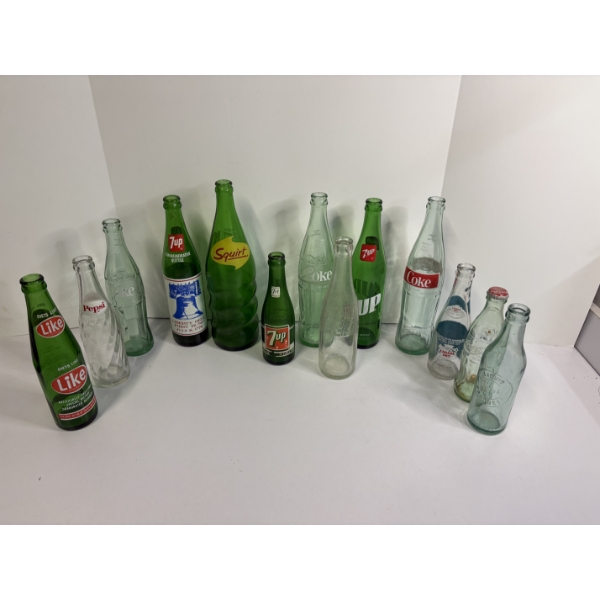 13 Glass Bottles - Includes 7up and Coca-Cola Bottles! Various Sizes - Squirt Bottle - ETC.