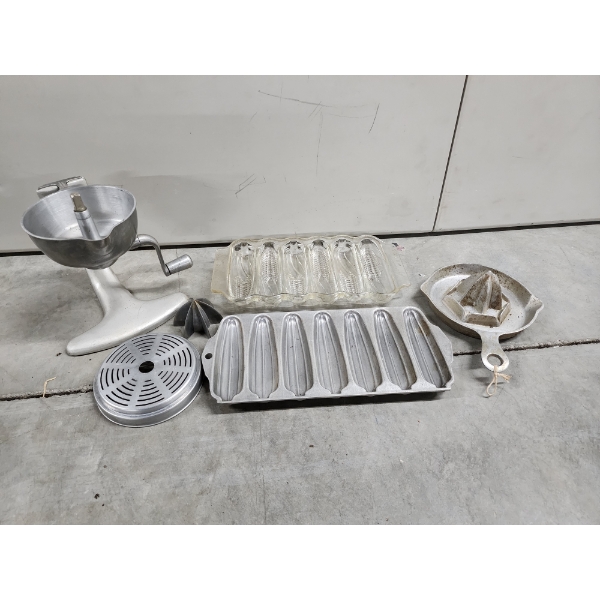 Glass and Metal Corn Stick Pan and Two Juicers Including Wagon Ware Cast Aluminum