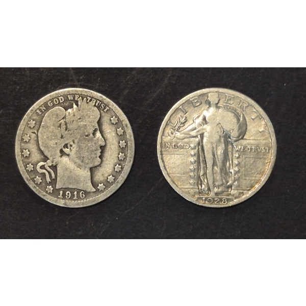 U.S. SILVER COINS - 2 Pcs - 1916 D BARBER $.25 & 1928 STANDING LIBERTY $.25 - 90% SILVER