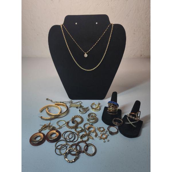 Nice Assortment of Gold-Tone Jewelry: Lots of Rings, Earrings, 3 Necklaces 