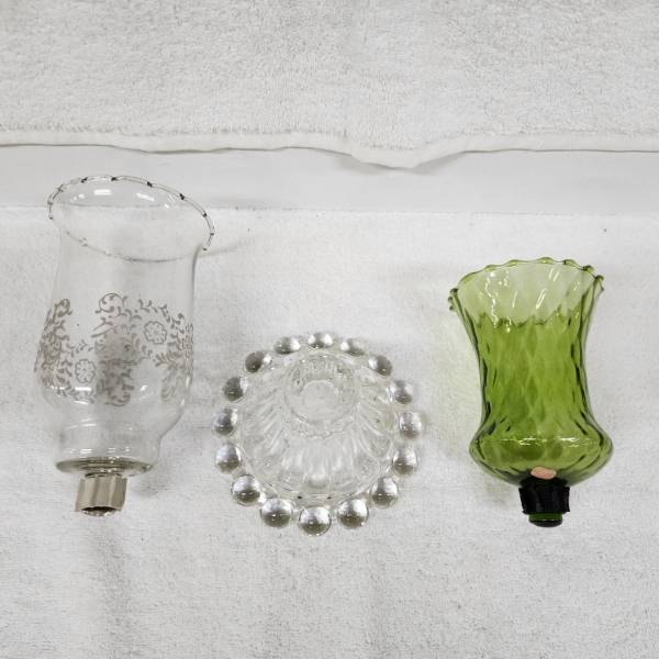 Glass Hurricane Candle Holder Base With Two Interchangeable Globe Tops ~ Green & Clear!