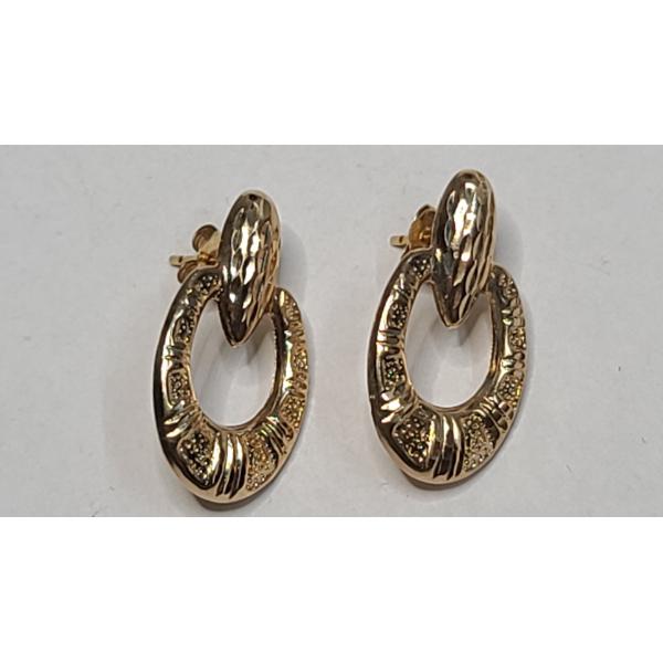 Vintage Style 14K Yellow Gold Door Knocker Textured Oval Hoop Earrings - Weight: 1.3g