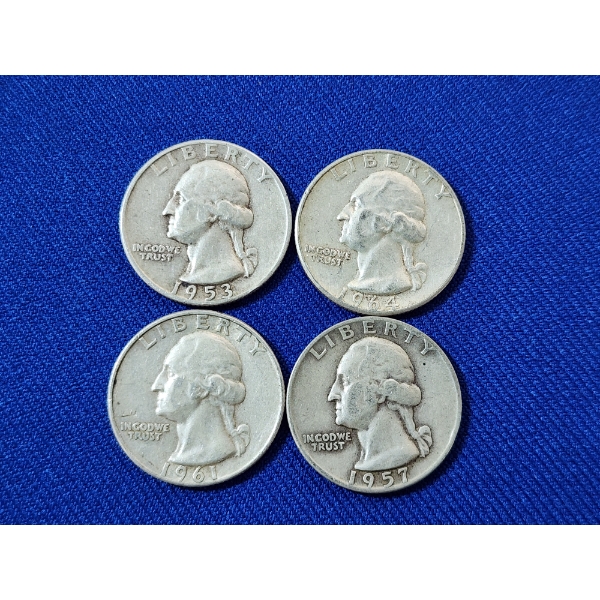 x4 Assorted Years U.S. 90% Silver Washington Quarters FV: $1.00