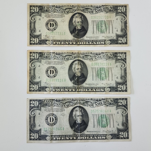 Three United States Green Seal 1934 $20 Federal Reserve Notes - Face Value $60.00