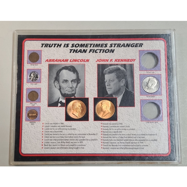 Coin & Medal Display Featuring Abraham Lincoln & John F. Kennedy - Face Value: $0.54