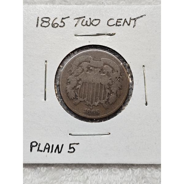 1865 Plain 5 Two Cent Coin in Protective Case