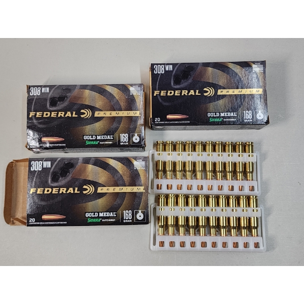 3 Full Boxes of Federal Premium Gold Medal 308 Winchester Ammunition - 60 Rounds Total