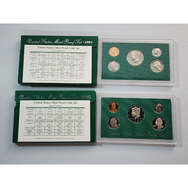 1994 and 1995 United States Mint Proof Sets In Original Packaging With CoA