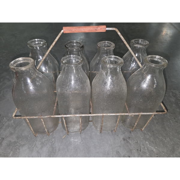 Vintage Milk Bottles In Wire Rack