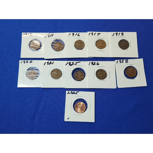 Assorted United States Lincoln Cents Including (1) 2025 Penny & (10) Assorted Years Wheat Pennies