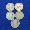 Image 1 : Five Assorted United States 90% Silver Quarters: Washington, Standing Liberty, & Barber FV: $1.25