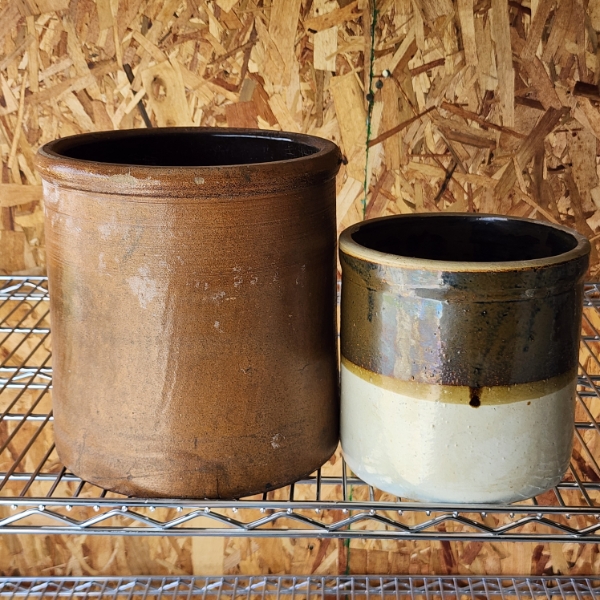 Two Smaller Stoneware Crocks ~ Unmarked ~ One Standing 10 Inches Tall & One Standing 7 Inches Tall