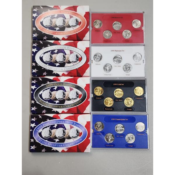 (4) 1999 State Quarter Collection Sets: Gold Edition/Platinum Edition/Philadelphia Mint/Denver Mint