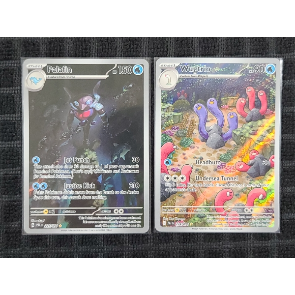 Two Illustration Rare Holo Near Mint Pokemon Trading Cards - Palafin 225/091 & Wugtrio 224/091