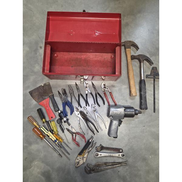 Red Popular Mechanic Tool Box With Great Tool Collection Including Pliers, Screwdrivers, Ingersol Ra