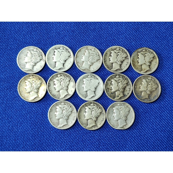 Lot of 13 Assorted Years Silver Mercury Dimes - 90% U.S. Silver - Face Value $1.30